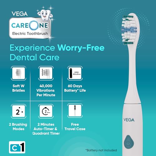Vega CareOne C1 Electric Toothbrush Battery Operated with IPX7 Waterproof, 3 Brush Head, 2 Min Auto-Timer, 40000 Vibration/Min, 60 Days Battery... - Image 3