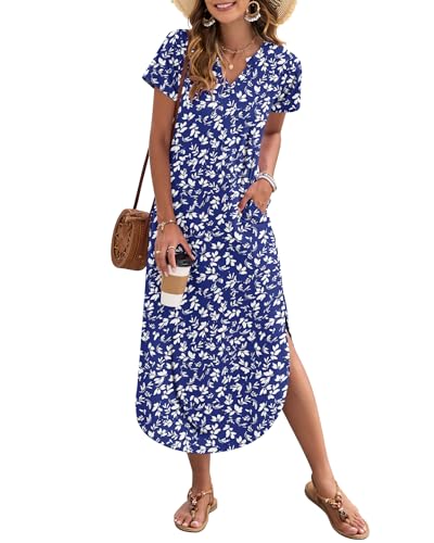 Image of MISFAY Women's Summer Maxi Dress 2026 Casual Short Sleeves V Neck Loose Sundress Split Long Beach T Shirt Dress