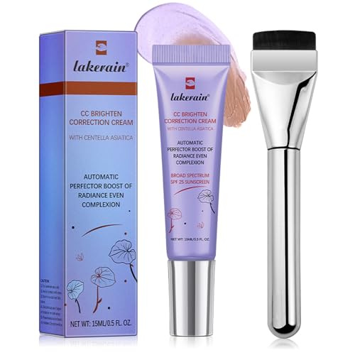 CC Cream Dull Correct,CC Brighten Correction Crema+Brocha para Base de Maquillaje,SPF 25,Tratamiento Perfeccionador Automático del Tez,Corrige la Opacidad, Ilumina el Tono de la Piel