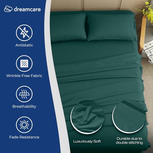 Image of DREAMCARE Full Size Sheets - Cooling Sheets - 4pcs Set - up to 15 inch Deep Pocket Full Sheet Set - Sheets Full Size Bed - Soft & Long Lasting 100% Fine Brushed Polyester with Side Pocket - Emerald Green