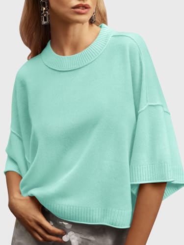 Image of Saodimallsu Womens Short Sleeve Sweater Summer Oversized Cropped Sweaters Casual Crewneck Lightweight Knit Tops