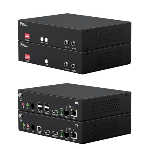 Image of Kinan 4K HDMI USB KVM Over Ethernet Extender, FHD HDMI Keyboard Mouse USB2.0 Over CAT5E or Optical Cable 4K@30Hz Up to 10KM, 2 USB 2.0 Ports, Loop Out, Near-Zero Latency, Plug & Play