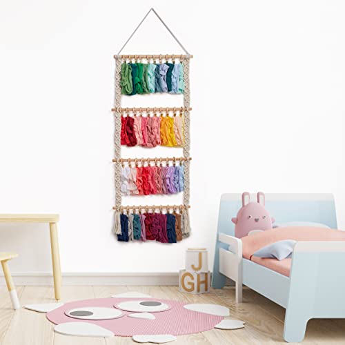 Mokof Bow Holder For Girls Hair Bows, Headband Organizer For Baby Girl, Macrame Bow Organizer For Boho Room Nursery Wall Decor (Beige, 4 Rods With 40 Clips) #TOP4
