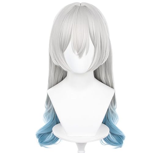 Image of Anime Gray Blue Wigs Women Long Wave Wig with Bangs Heat-Resistant Fiber Wig COS Game FireflyWigs Halloween,Christmas,Comic con,Game Show,Party
