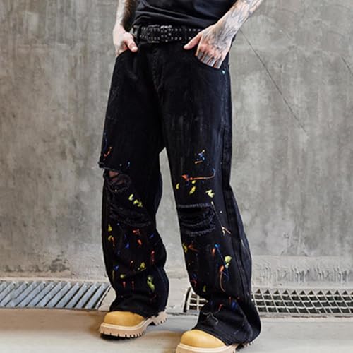 Men's Hip Hop Baggy Jeans, Fashion Distressed Wide Leg Denim Pants Streetwear Fashion Y2K Clothes with Pockets4