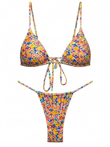 Image of OWICA Women's Sexy Triangle Bikini Sets Cheeky Thong Swimsuit Adjustable Spaghetti Straps Bathing Suit