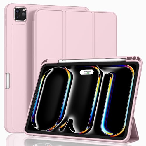 AWH ZryXal New iPad Pro 13 Inch Case M4 (2024 Model, 7th Generation) with Pencil Holder, Smart iPad Case [Support Pencil Pro and Pencil (USB-C)], Support Touch ID and Auto Wake/Sleep (Pink)