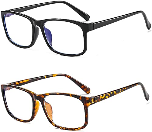 Image of 2 Pack Blue Light Blocking Glasses for Men Women Teens, Square Slender Frame with Spring Hinges, Computer Eyeglasses, Anti Glare Eye Strain Protection Clear Black Tortoise