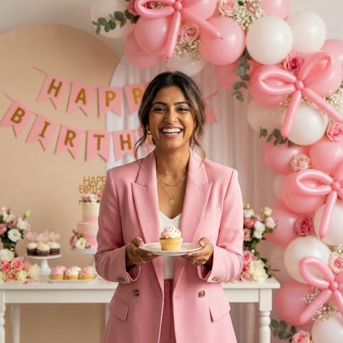 Image of Party Propz Bow Theme Birthday Decoration Kit for Girls - 42 Pcs, Pink Themed Happy Birthday Banner, Long Balloons, White and Pastel Pink Birthday Decoration Kit (Carstock,Latex)