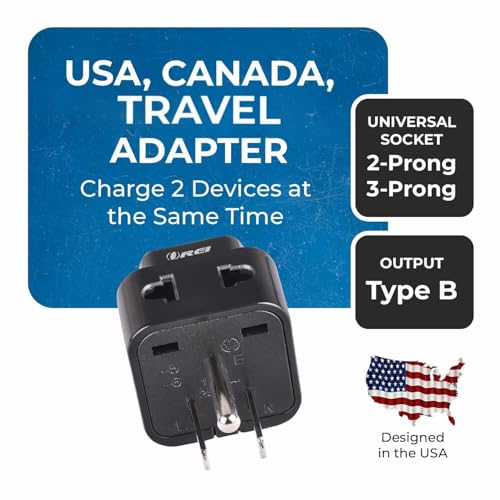Image of OREI India to Canada, USA Travel Adapter, Philippines, Type B Plug, 2 in 1, Perfect for Laptop, Chargers, CE, RoHS, Black