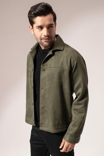 Image of PERCH Men Green Suede Solid Cut & Sew Jacket|Men's Stylish Jacket, Comfortable Regular Fit, Full Sleeves,Lightweight Design, Suitable for Casual Wear, Travel &Everyday Outfits