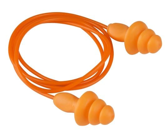 Reusable Silicone Ear Plugs with Cord, Orange, Triple Flange Design, Noise Protection ISI Approved Reduction Earplugs,noise Cancellation, Soundproof Earplug Use For Underwater, Meditation, Study, Flight Travel,Sleeping Sound Block Up To 29 Decibel