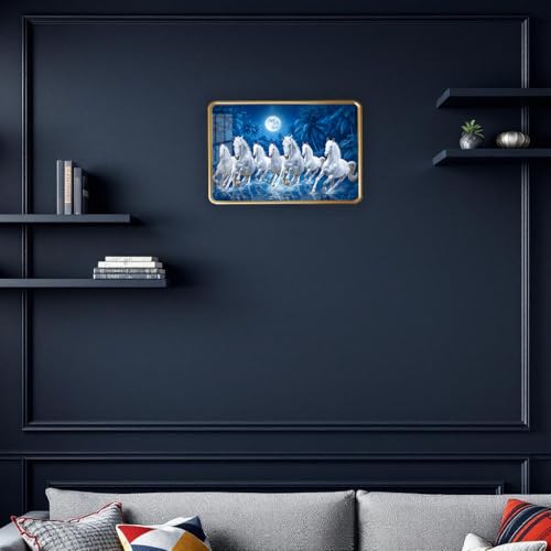 Image of 7 Running Horses Photo Frame, Ultra High Gloss Lamination, Vastu Painting for Living Room, Office, 12x18 Inch (Design 22)