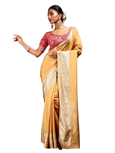 Sari traditionnel en soie pour femme vêtement de fête doré 8781
