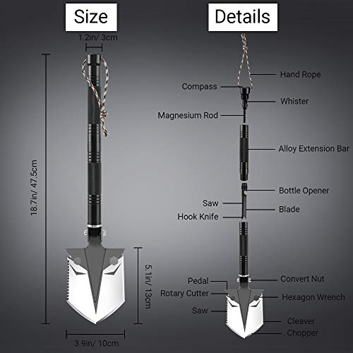 DONGKER Folding Shovel Military Survival Shovel Multitool Portable Tactical Entrenching Tool Compact Backpacking for Hunting, Camping, Hiking, Fishing, Gardening Car Emergency, 33"&19" (Black-S)
