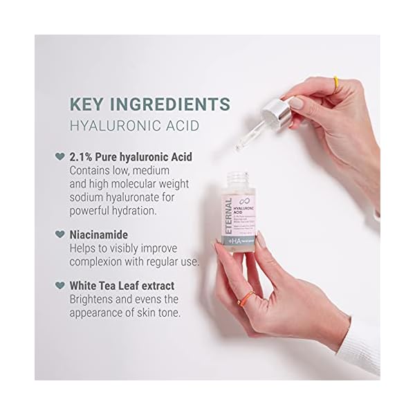 Eternal 2.1% Pure Hyaluronic Acid Face Serum - Niacinamide and White Tea Leaf Extract Moisturizes, Hydrates, Plumps Skin, Reduces Wrinkles and Fine Lines, Anti-Aging Facial Oil Serum (1Fl. Oz.)