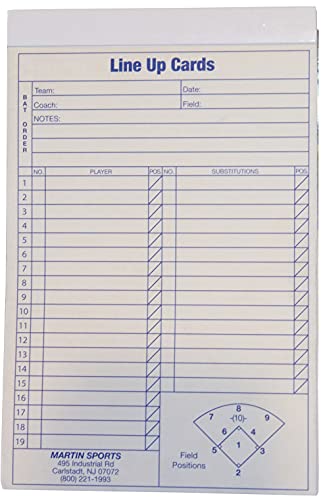 Martin Sports Baseball Softball Pack of 12 Line Up Cards, 4 Part Carbon Copy