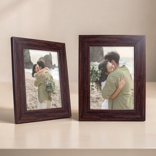Image of GOLDEN PEACOCK Set of 2 5x7 Inch Photo Frames - Rich Chocolate Brown Wood Finish | Premium Wall Hanging & Tabletop Picture Frames for Home Decor & Gifting