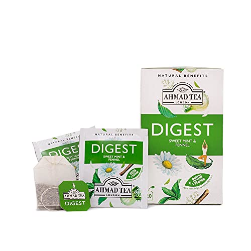 Ahmad Tea Natural Benefit Tea | Sweet Mint & Fennel "Digest" Infusion | 20 Teabag Sachets | 6 Packs