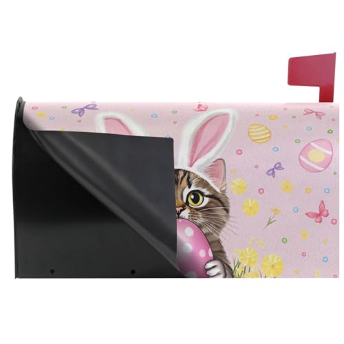 Image of Easter Bunny Cat Pink Magnetic Mailbox Covers Happy Easter Day Eggs Rabbit Butterfly Mailbox Cover Standard Size Full Magnet Garden Yard Porch Mail Boxes Cover Holiday Decorations 21 inch L x 18 inch W