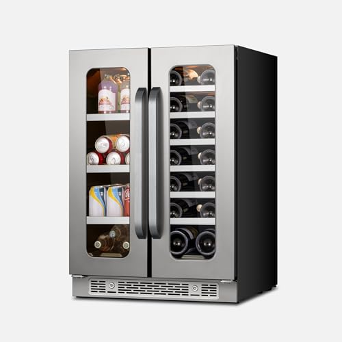 Image of 24 Inch Beverage And Wine Refrigerator Under Counter Dual Zone French Door Wine Fridge For Beer Drink Home Bar 20 Bottles 80 Cans