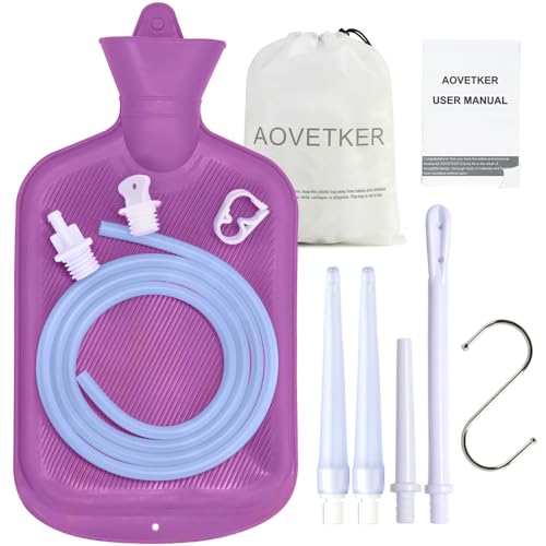 AOVETKER Enema Bag Kit for Women & Men Colon Cleanse Enema Bag 2L with 4 Tips & Flow Control Clamp 5ft Hose Hook Storage Bag