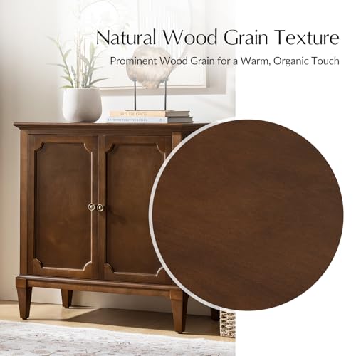 Image of Accent Storage Cabinet with Adjustable Shelf, 2-Doors Transitional Sideboard Buffet with Solid Wood Legs & Vintage Metal Knobs for Living Room or Kitchen, Hallway, Walnut