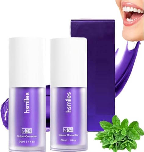 Purple Blanqueador dental V34,2PCS Blanqueamiento Dental Pasta de Dientes Morada,Pasta de Dientes Blanqueadora,Pasta Blanqueadora dientes,Corrector de Color dientes,Teeth Whitening Toothpaste de Viaje