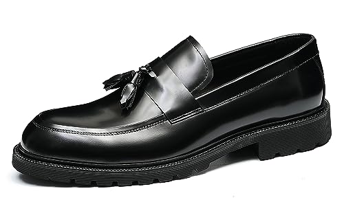 Santimon Men's Loafers Slip Ons Dress Casual Tassel Shoes Genuine Leather Thick-Soled Penny Loafer Formal Business Fashion Prom Wedding Tuxedo Shoes for Men
