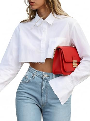 Remidoo Women's Asymmetrical Hem Long Sleeve Cropped Button Up Shirt Crop Top Blouse Streetwear White Small