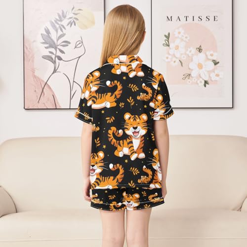 ALAZA Cartoon Tiger Animal Black Satin Pajamas Set Short Sleeve Button Down Sleepwear Summer Pjs 2 Piece4
