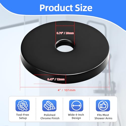 Sissatthai Black Shower Arm Flange Cover Plate 4 Inch Outer Diameter, Round Plumbing Cover Plates Shower Head Escutcheon Plate Ring Pipe Wall Covers Plates