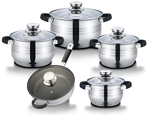 Topfset Kochtopfset Induktion Antihaft Pfanne Edelstahl Rostfrei Innenskalierung Töpfe mit Glasdeckel (10 Teilig, Schwarz)