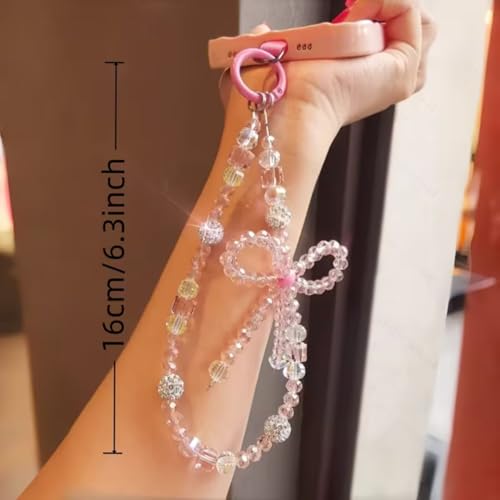 Image of Phone Charm with Beaded Chain | Acrylic Phone Strap for Mobile Keys & Bags | Decorative Wrist Strap | Lanyard Charms | Keychain Accessory for Women Girls (Crystal-Pink-Bow)