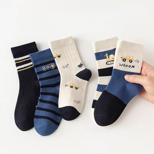 5 Pairs Thick Warm Fleece Winter Socks for Boys 1 to 16 Years, Cute Cartoon Car Bear Dino Crew Socks for Kids3