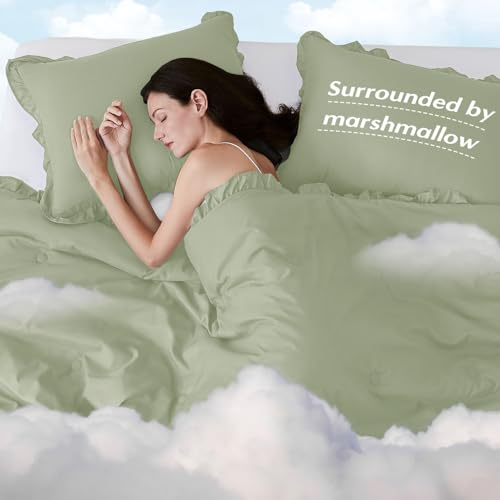 Image of HARBOREST Comforter Set Green - Fluffy Queen Ruffle Comforter Set for All Seasons, 3 Pieces Shabby Chic Bedding, Comforter and 2 Pillow Shams