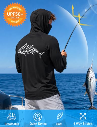 Image of FISHEAL Men's UPF 50+ Sun Protection Fishing Hoodie, Long Sleeve UV Shirts with Mask, Quick Dry Hooded for Outdoor Beach