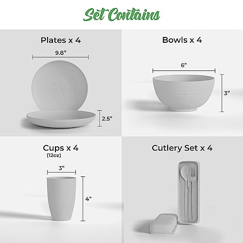 Greendish Wheat Straw Dinnerware Set 24-Piece - Cups, Plates And Bowls Sets For 4 With Reusable Cutlery Utensils - Unbreakable Wheatstraw Plastic Dinnerware Set With Fork Spoon Knife - Dishwasher Safe #TOP1