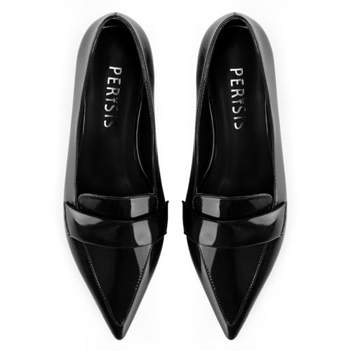 Image of Pointed Toe Flats for Women Black Patent Leather Pointy Loafers Slip On Pumps Comfortable Elegant Dressy Shoes