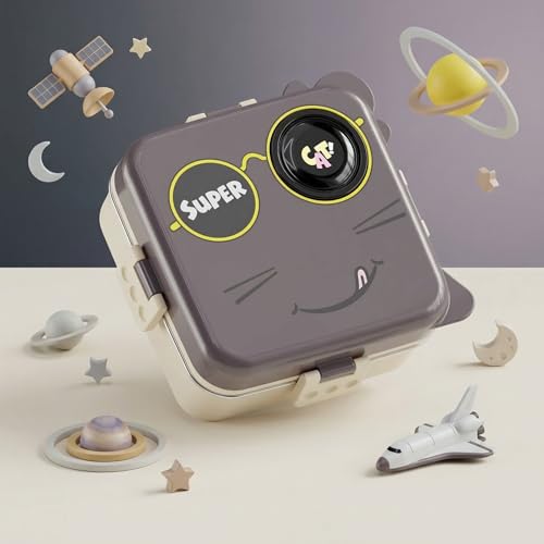 Image of Tiffin Box for School Office College, Insulated Stainless Steel Lunch Box, 3 Section Food Container, Leak Resistant Bento Box with Spoon, Durable Meal Carrier, 1120ml + 70ml (Grey, Super Cat)
