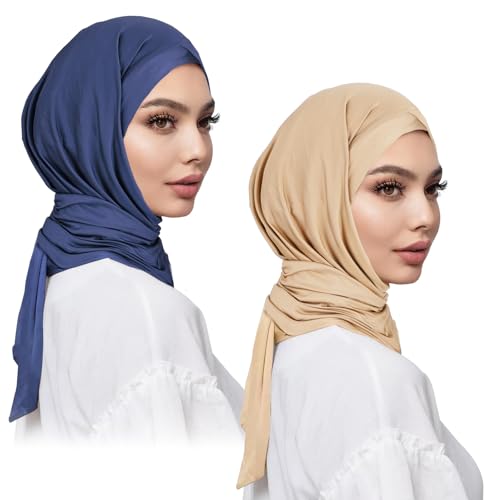 XEPST 2 Pieces Instant Hijabs for Women, Muslim Long Hijab Scarf Lightweight Soft Head Wraps Solid Color Hijab for Women