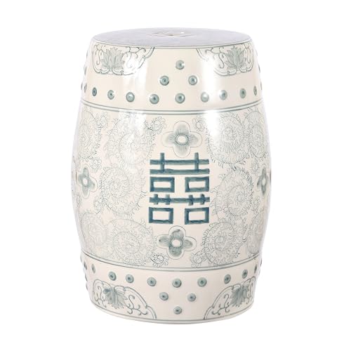 JONATHAN Y Double Happiness 18 Ceramic Garden Stool Traditional Chinoiserie Dusty Teal and White Indoor/Outdoor Patio Drum Accent Side Table and Plant Stand TBL1013C