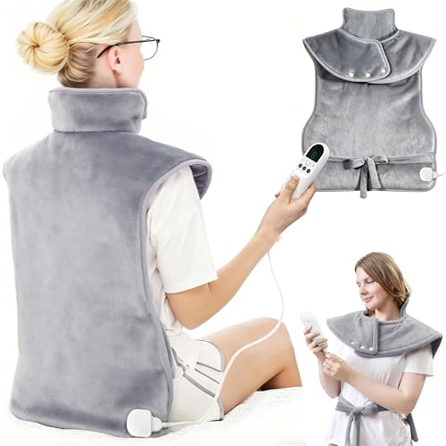 MULEVIP Termoforo Elettrico per Schiena 61 x 94 cm Scalda Spalle,Termoforo Cervicale con 9 Livelli di Calore,4 Impostazioni di Tempo,Tessuto Morbido,Spegnimento Automatico,Lavabile - Grigio