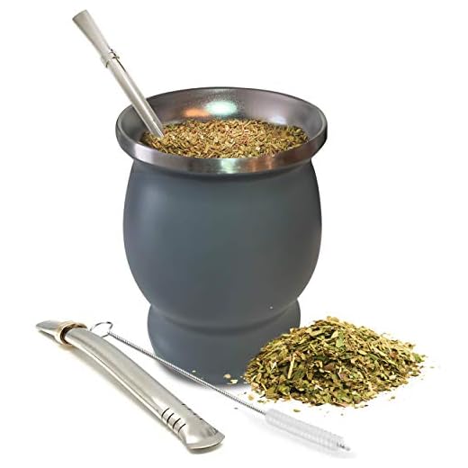 Yerba Mate Natural Gourd/Tea Cup Set Gray (Original Traditional Mate Cup - 8 Ounces) | Includes 2 Bombillas (Yerba Mate Straws) & Cleaning Brush | Grey Stainless Steel | Double-Walled | Easy to Clean