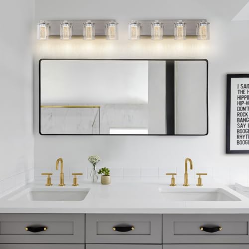 Image of SineRise Bathroom Vanity Light with 3 Color Modes (3000K /4000K /6000K), Eye Protection LED Bathroom Light Fixture, Dimmable Modern Wall Light Over Mirror with Clear Glass Shade (Nickel, 4-Light)