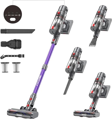 aujun J10 Aspiradora sin Cable,45000pa/580W Escoba Aspiradora sin Cable, 8 * 2500mAh Pilas hasta 70 Minutos de Autonomía. 1.5L Depósito de Polvo, Limpia Alfombras, Suelos Duros y Pelo de Mascotas