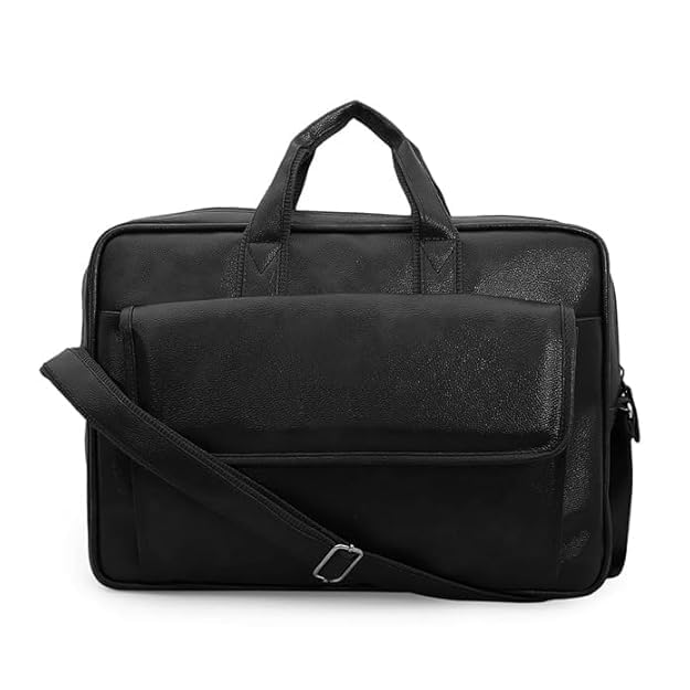 Image of Faux Leather Office Laptop Bag for Men - 15.6 Inch Briefcase Messenger Bag with Shoulder Strap | Professional Business Travel Bag with Front Pocket & Handle
