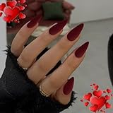 More Burgundy Press on Nails Medium Stiletto Almond,KQueenest Matte Pure Color Acrylic Nails Kit Reusable Fake Nails with Feature Protective UV Coating for Women Nail Art Manicure in 24PCS