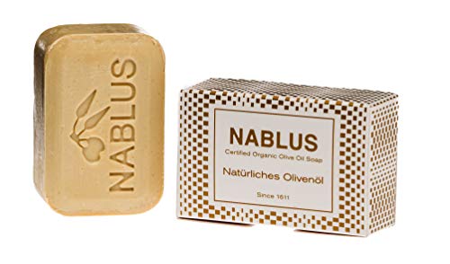 Nablus Premium Bio-Olivenölseife aus dem heiligen Land, handgemacht, PALMÖLFREI, ideal für Haare, Körper, Duschen, VEGAN, aus extra nativem Olivenöl aus erster Pressung, unparfümiert & rückfettend, 100% Naturseife, ohne Plastik geliefert 100g Cover