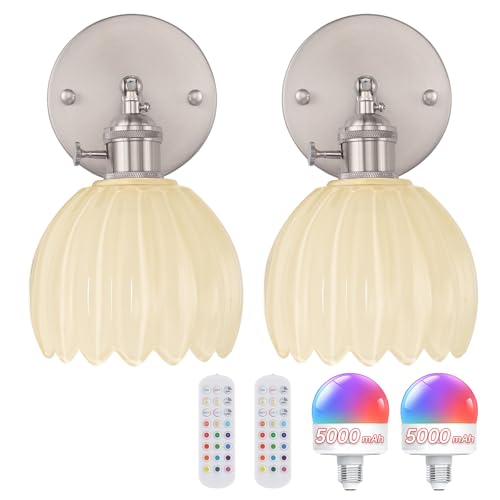 Image of Shenmoyl Vintage 5000 mAh Battery Operated Wall Sconce with Cream Tulip Glass Lampshade Rechargeable Battery Powered Wall Light with Remote Control for Bedroom Doorway, Set of 2